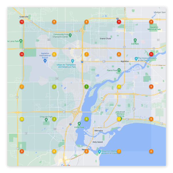 Map pack ranking based on location of business compared to service area.