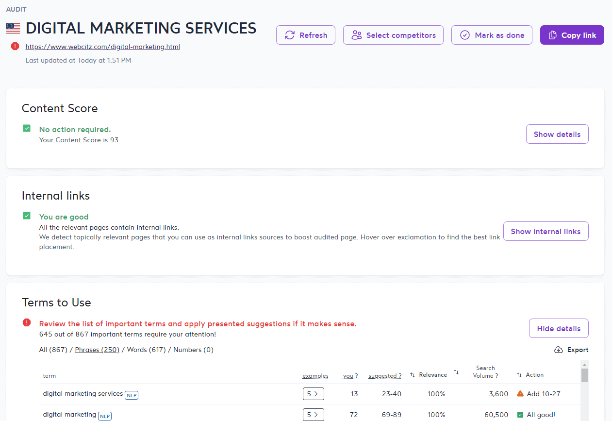 SurferSEO Content Audit